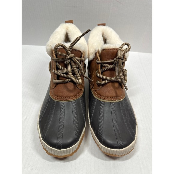 NEW JSport Womens Mary Faux Fur Trimmed Slip On Duck Boots Brown Leather Sz 8M - Picture 1 of 6
